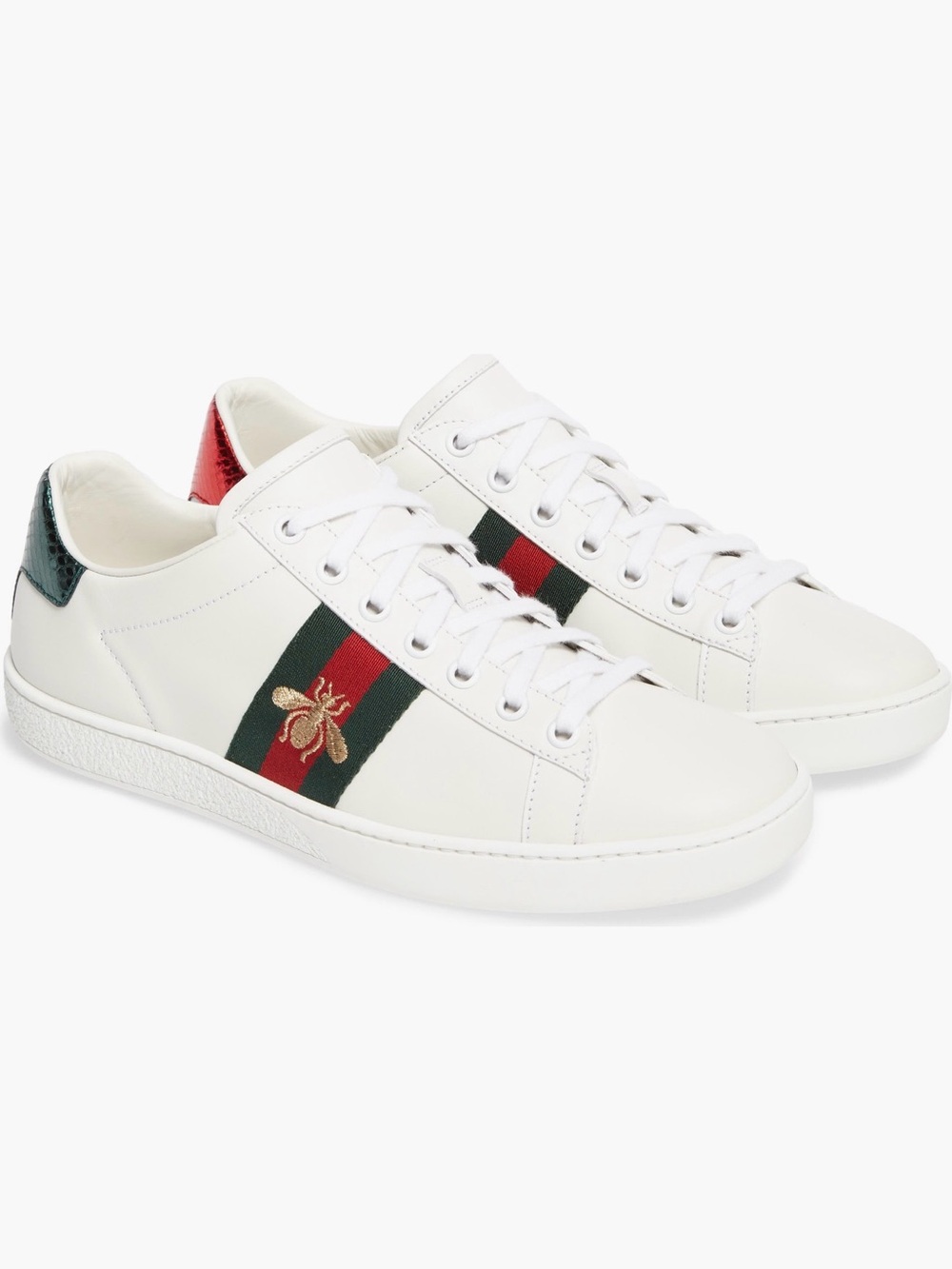 Gucci White Leather Sneakers with Red and Green Web
